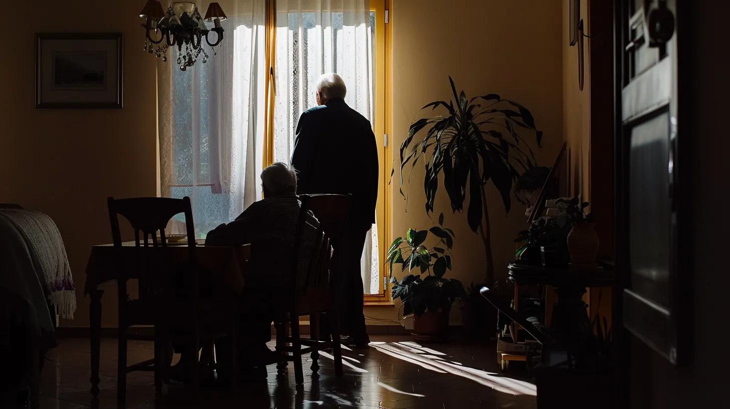 a powerful composition depicting a shadowy figure looming over an elderly individual in a dimly lit room, capturing the essence of vulnerability and the pressing need to confront elder abuse.